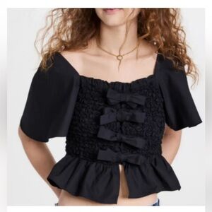 Mare Mare x Anthropologie Black Smocked Blouse Top Bows Cotton Womens Size XS